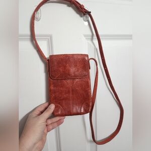 Frye Leather Burnt Orange Brown Crossbody Lanyard Clear Back for Cell Phone Use